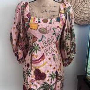 FARM RIO❤️ BOI de SANTA FÉ Puff sleeve colorful stars cow mini dress Size XS